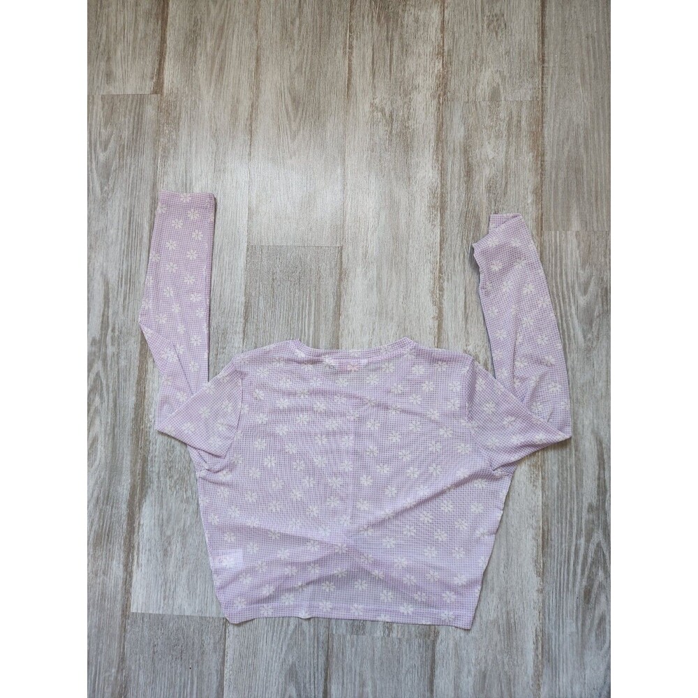 Ginger Mesh Crop Top Front Knot Purple Check Floral Long Sleeve Crewneck L EUC - Picture 9 of 9